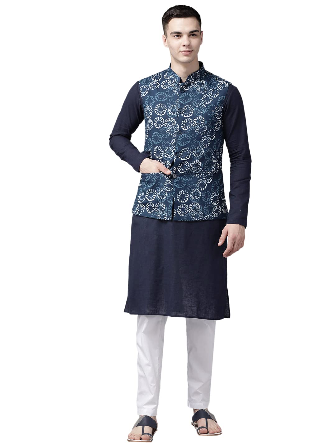 see designs Men Blue & Beige Printed Pure Cotton Kurta Pyjama With Nehru jacket-picture-36