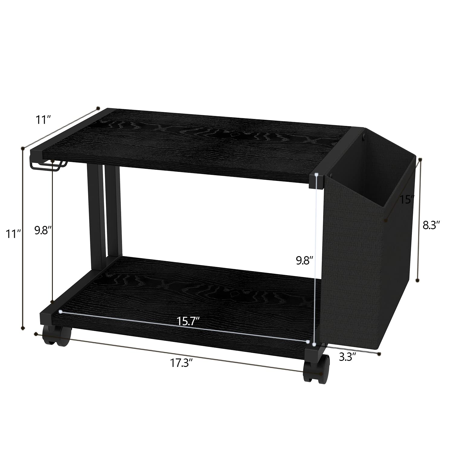 VEDECASA Supporto per stampante a 2 ripiani nero con borsa portaoggetti per casa, ufficio, scrivania, stampante, tavolo, organizer per scrivania, ripiano per stampante mobile con rotella (nero)