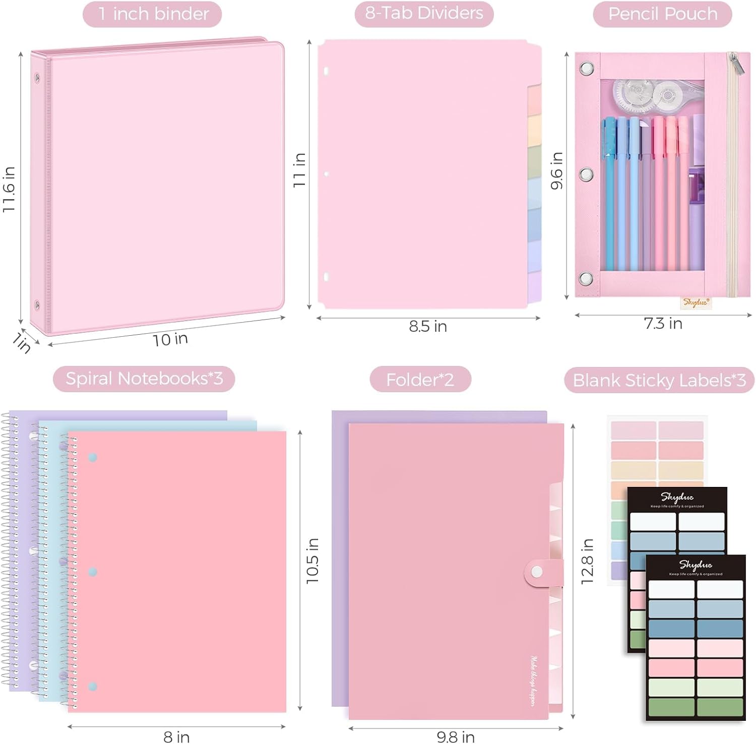 SKYDUE Pink School Supplies Set – 1" 3-Ring Binder, 2 Expanding File Folders, 3 Spiral Notebooks, 8 Tab Dividers & Pencil Pouch – Cute Stationery for High School Stude, College Essentials