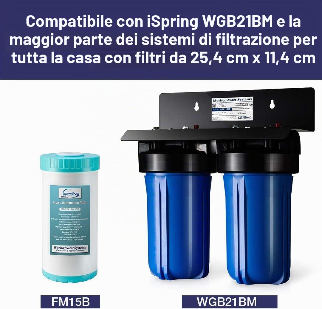 iSpring FM15B Cartuccia di Ricambio per la Riduzione di Ferro e Manganese per Sistema di Filtrazione dell'Acqua per Tutto l'Immobile WGB21BM, 1 Pezzo (Confezione da 1), 10" x 4.5" Alta Capacità