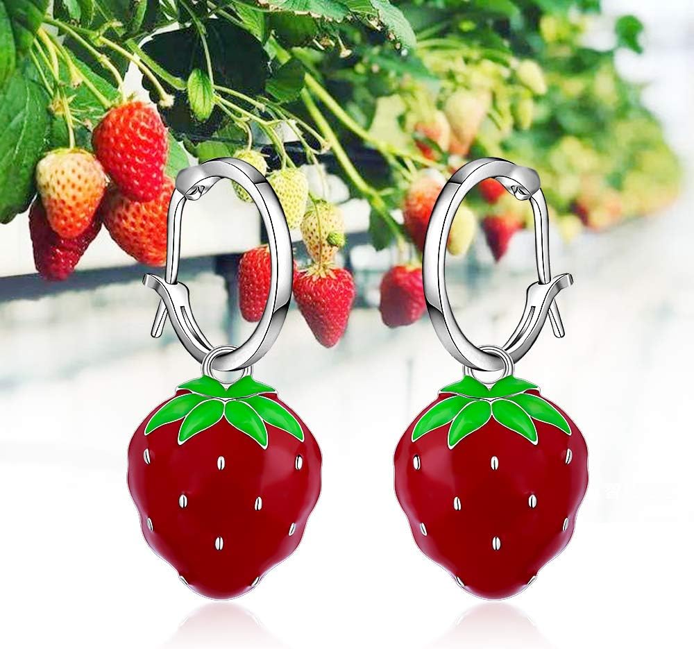 Strawberry Earrings Red for Women 925 Sterling Silver Simulated Fruit 3D Dangle Drop Cute Earrings Aesthetic Weird Hypoallergenic for Women Ears - Image 9