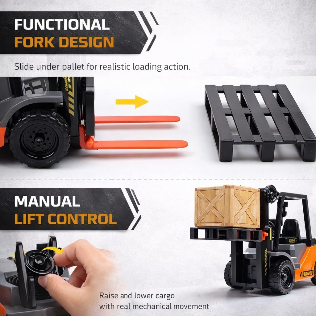 Liberty Imports Toy Forklift Truck with Pallet & Cargo - 1:22 Scale Friction Powered Wheels & Manual Lifting Control - Warehouse Lifting Vehicle for Kids Play