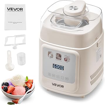 VEVOR Automatic Ice Cream Maker with Built-in Compressor 1 L No Pre-Freezing Gelato and Ice Cream Maker with 4 Modes Electric Ice Cream Maker Frozen Yogurt Sorbet Maker White