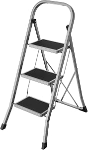 SONGMICS Step Ladder, 3-Step Ladder, Folding Ladder, Safety Lock, Space-Saving Storage, Holds up to 330 lb, Dove Gray UGSL003GY01