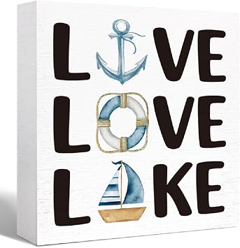 Lake Theme House Decor Wood Box Sign Live Love Lake Wooden Block Sign Desk Decor for Home Bedroom Office Desk Cubicle Table Shelf Decor,Summer Lake House Sign Decor
