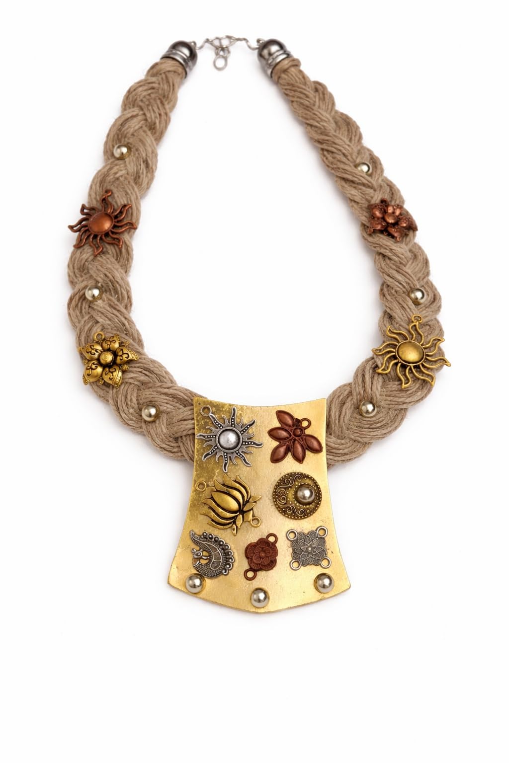 jewels by araina Jute Necklace with Metal Motifs, Braided Rope Design, Floral Embellishments, Statement Jewelry-picture-18