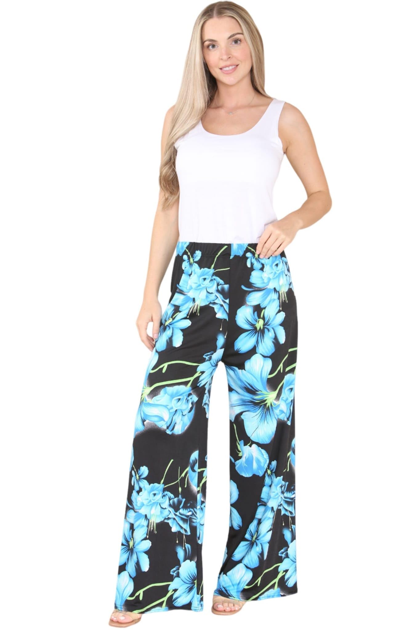 Purple Hanger New Ladies Plus Size Palazzo Trousers Womens Polka Dot Print Plain Baggy Wide Leg Stretch Pants (as8, Numeric, Numeric_24, Numeric_26, Regular, Regular, Big Turquoise Floral)