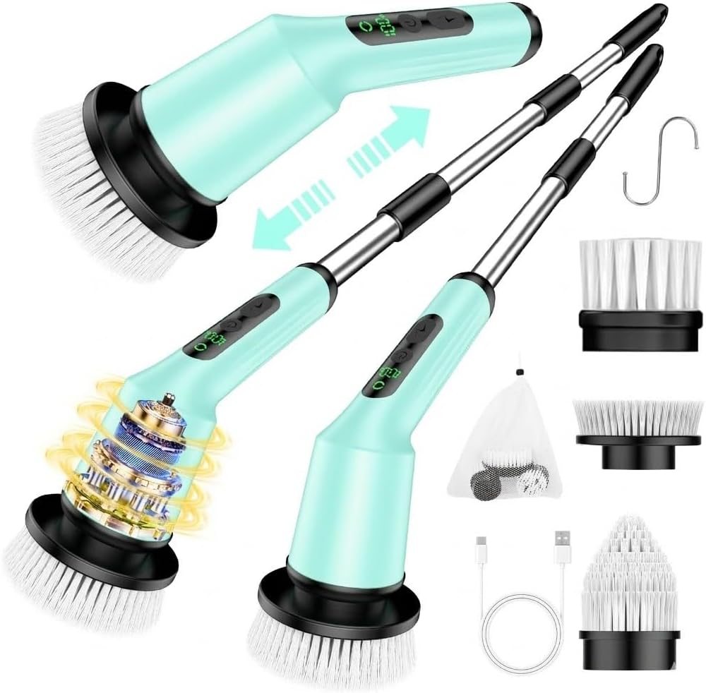 Shower Scrubber with Long Handle, Electric Scrubber for Cleaning Bathroom | Shower Cleaner Brushes, IPX7 Waterproof & 2 Speed, 3 Brush Heads, 90min Runtime, Bathroom Cleaning Supplies for Toilet Tub