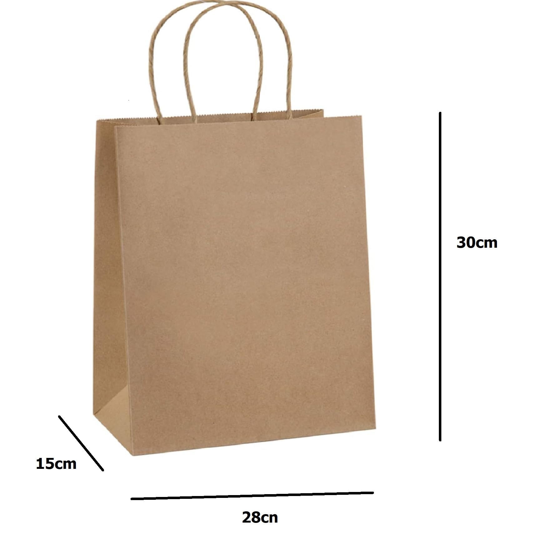 M7 Packaging Lot de 250 grands sacs en papier kraft marron avec poignée torsadée 28 x 30 cm Idéal pour cadeaux, plats à emporter, fêtes, magasins, dragées, mariages