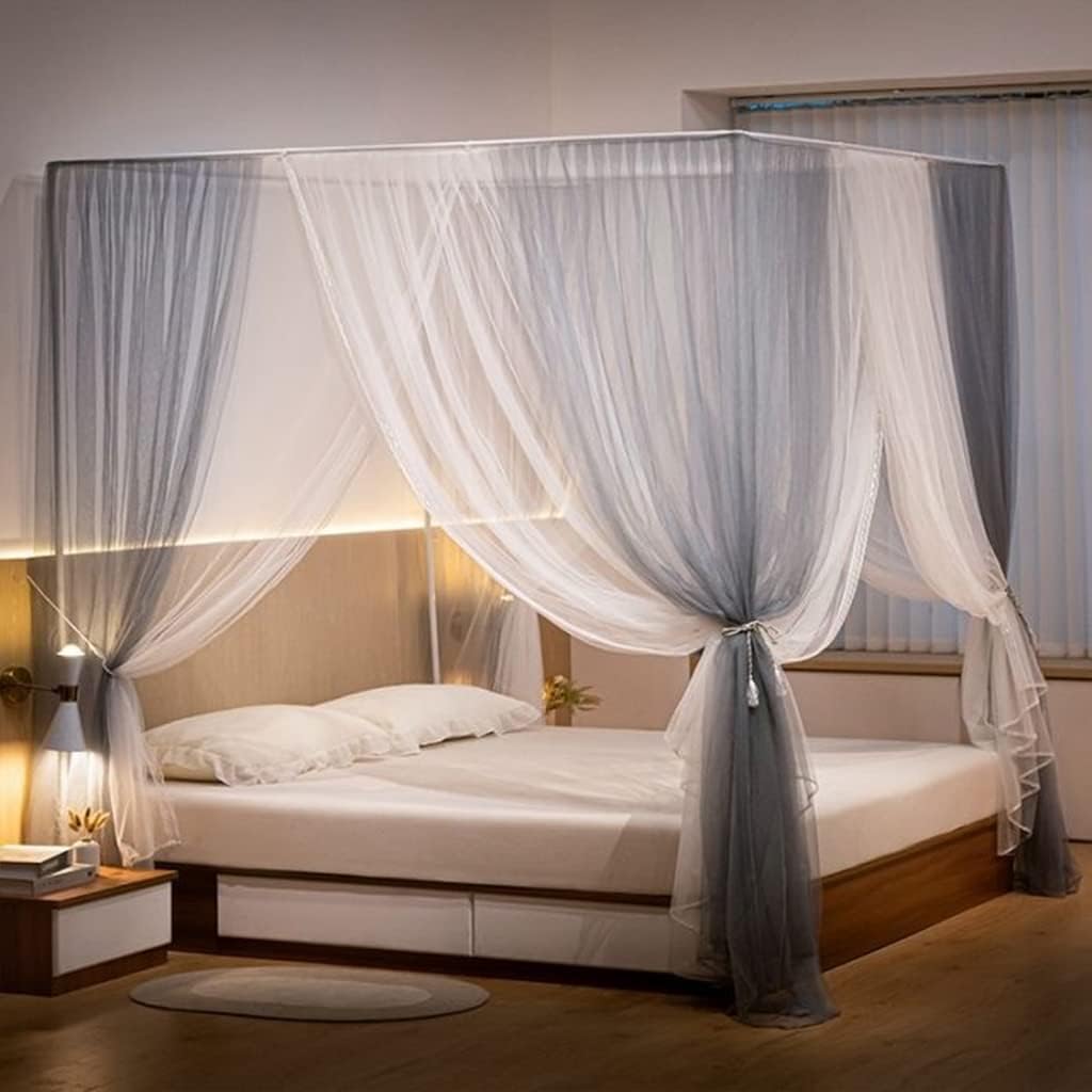 Luxury 4 Corner Post Mosquito Net for Girls Bed Kids Toddlers Girls Crib Bedroom Decoration; Princess Bed Canopy Curtains for Full/Queen/King Size Bed (Grey, Full)