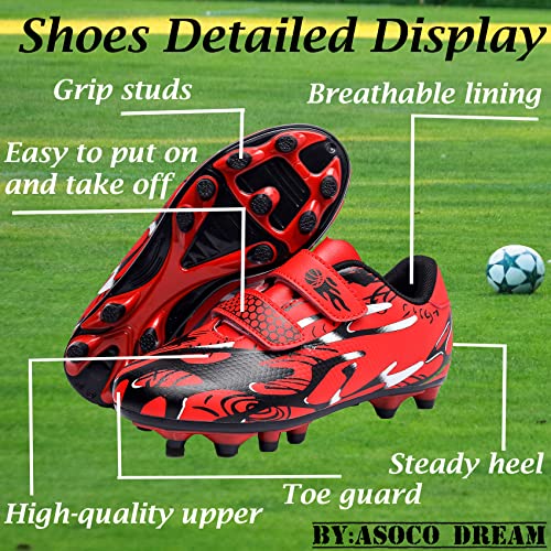 Asoco Dream Kids Soccer Shoes Boys Girls Firm Ground Soccer Cleats Youth Professional Athletic Outdoor/Indoor Football Shoes,Red,6 Big Kid #TOP3
