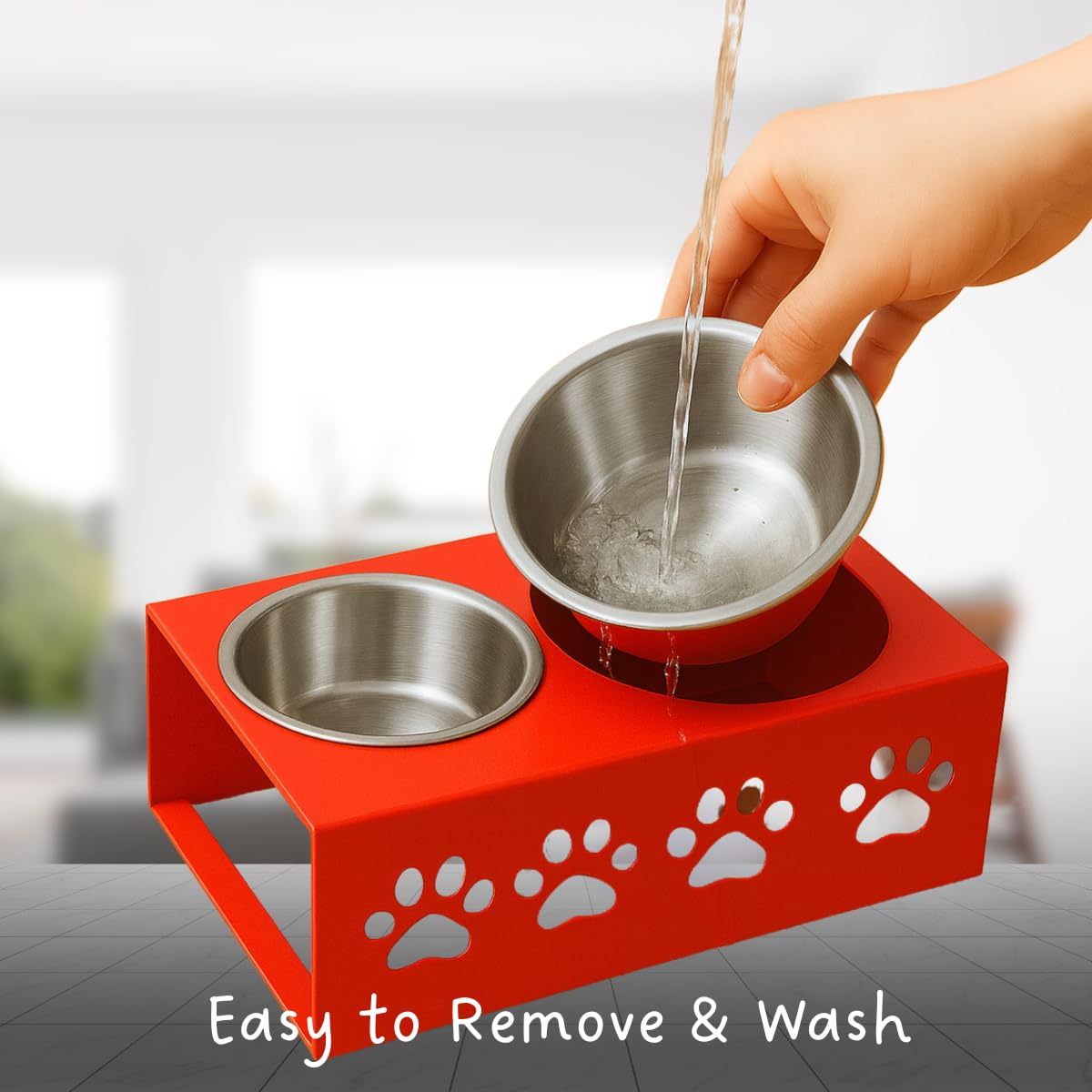 Metal Red Stylish Dog Bowl Stand | 2 Stainless Steel Bowls for Raised Dogs & Cats | Elevated Dog Food Removable Bowls | Pet Feeder & Water Dispenser for All Breeds Paw Design (Set of 2, Each 900ml) 2