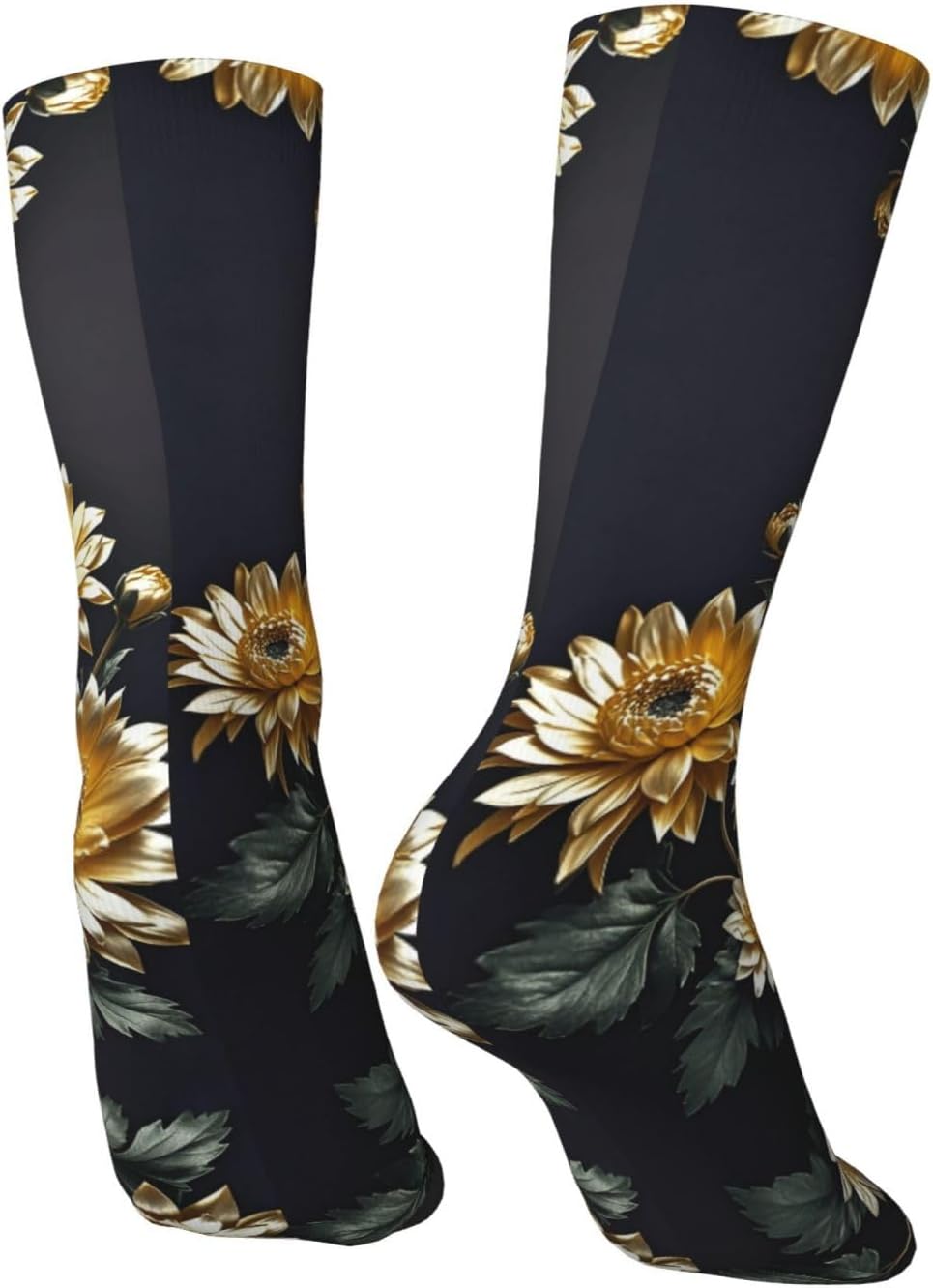 Calf Socks Casual Above Ankle Sock Gold Flowers on BlackCrew Socks for Men Women Moisture Wicking Cushion Sports