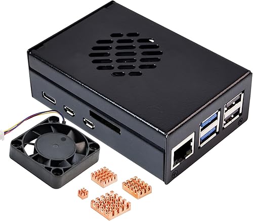 Yahboom Funda para Raspberry Pi 5 Negro Blanco Metal Enfriamiento Funda Protectora con Ventilador de Velocidad Ajustable Anticolisión (Negro)