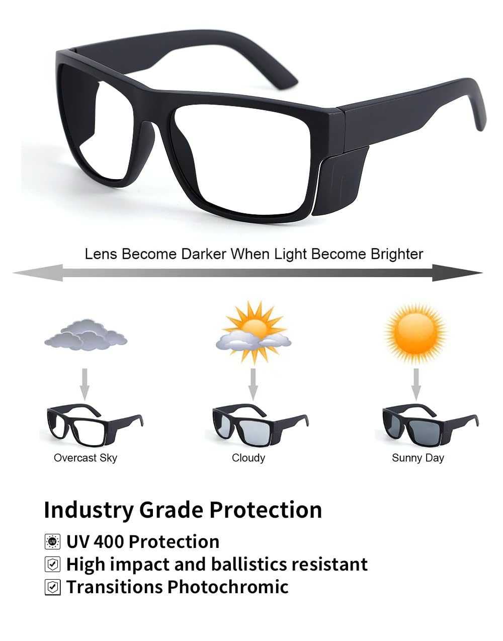 Gafas de sol de seguridad para hombre, color negro mate, lentes de sol de seguridad polarizadas, cumplen con las normas ANSI Z87+, protección UV, Fotocromático (sin polarizar)