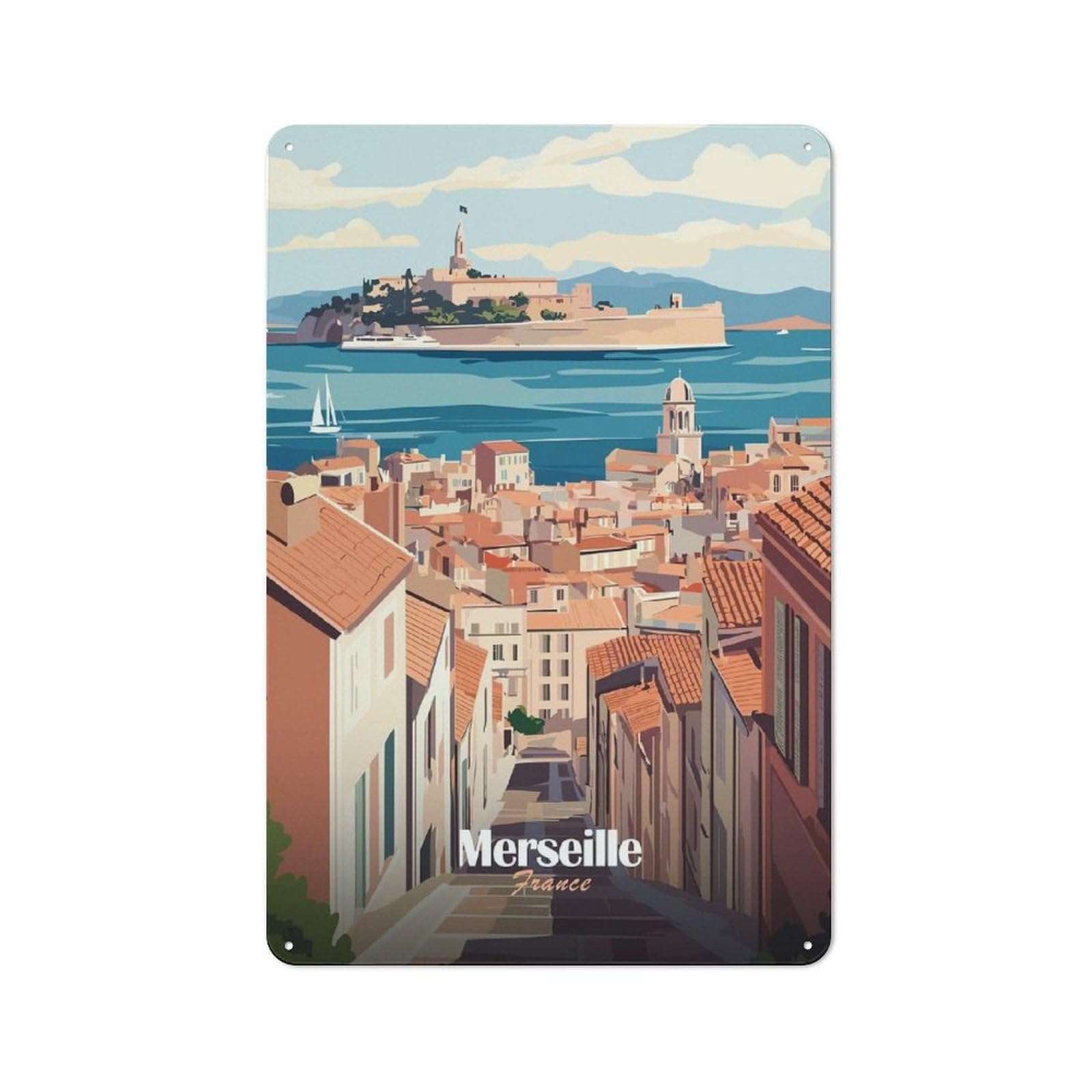 Junmoney Style-12 Vintage Metal Sign 30X20cm Featuring Marseille Cityscape For Pub Or Café, Wall Decor For People Reorganising Pub And Café