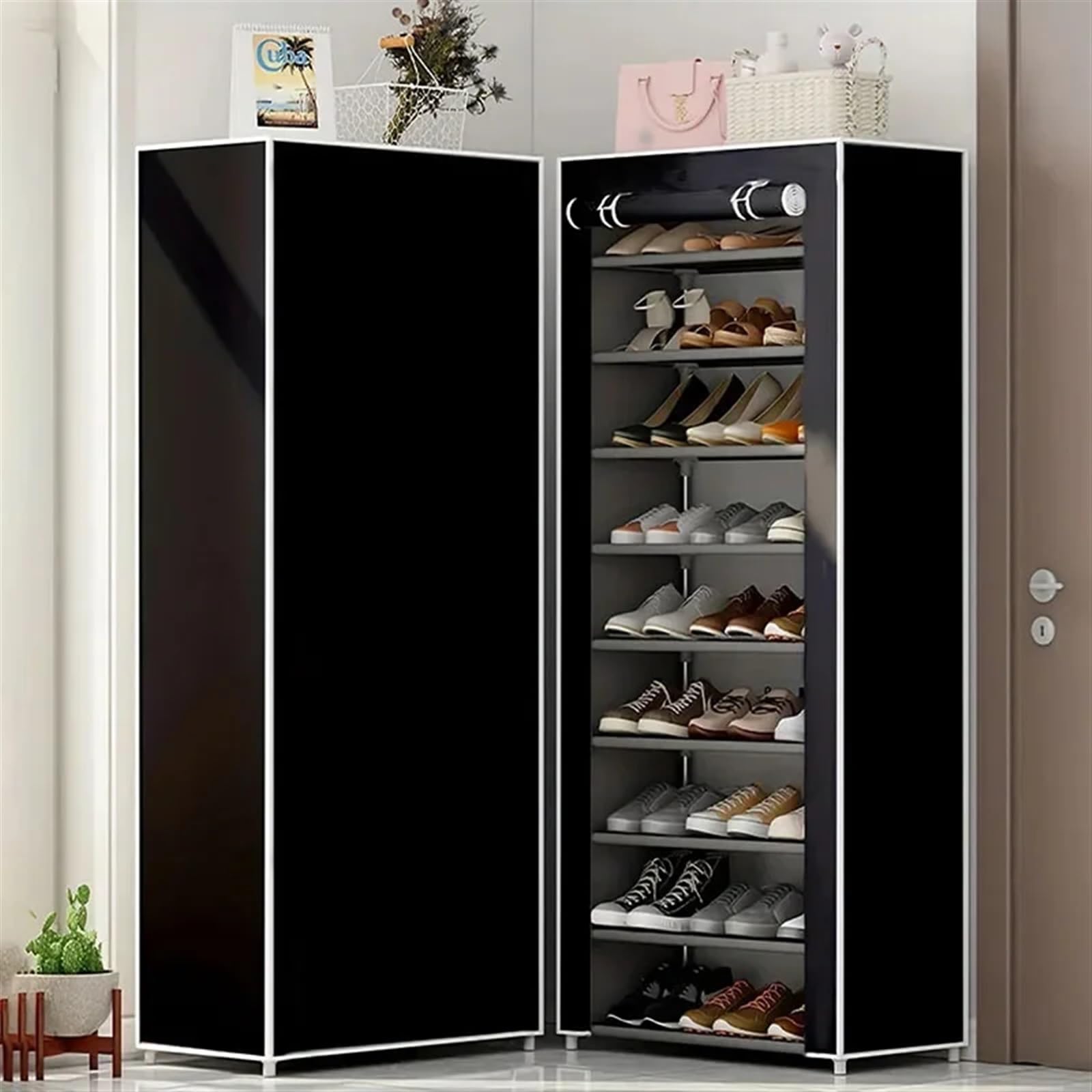 Schuhregal Stoff-Schuhschrank-Organizer, mehrschichtiges Schuhregal, Vliesstoffe, einfache Lagerung, wirtschaftlicher Typ, Schuhregal, Schrank, Haushalt(8Layers Black)