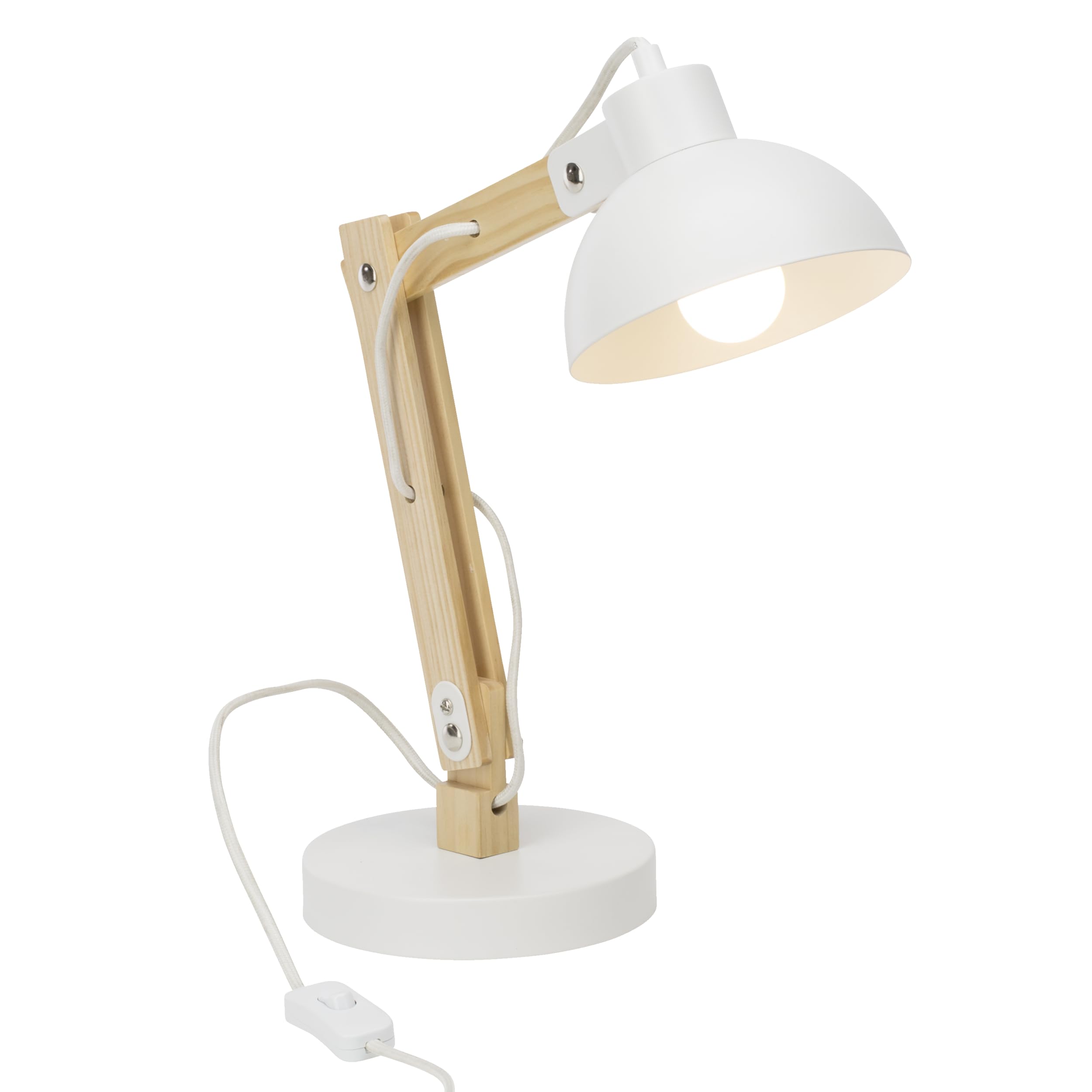 Lightbox dekorative Schreibtischlampe - schwenkbare Tischleuchte - geeignet für 1x E27 - Metall/Holz Weiß - 42cm Höhe
