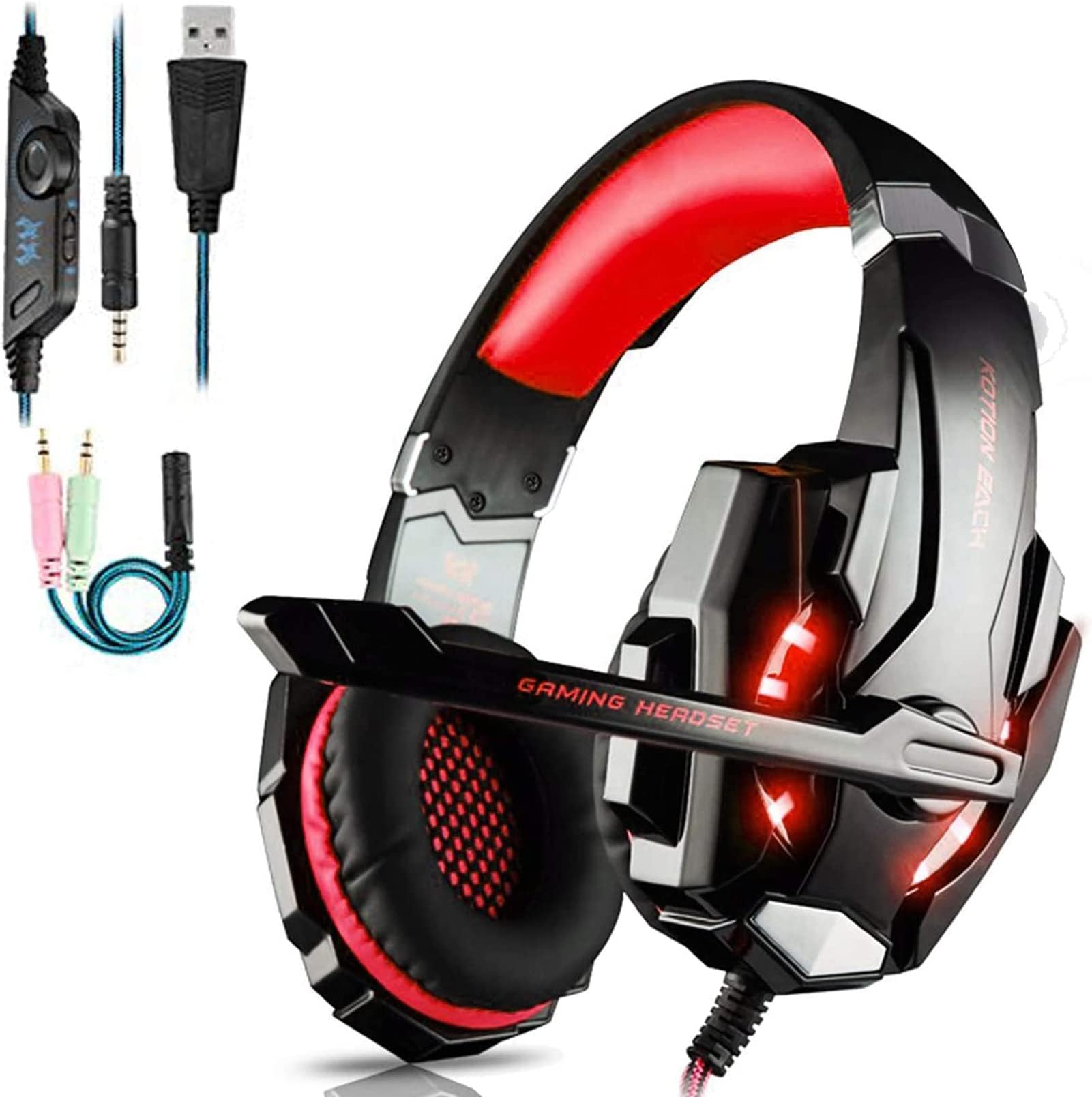 Gaming Headset for PS5 PS4, G9000 Wired Over-Ear Noise Cancelling Headphones with LED, Surround Sound, 3.5mm Jack, Mic, Compatible for Xbox One/Nintendo Switch/PC/Mac, Blue (red)