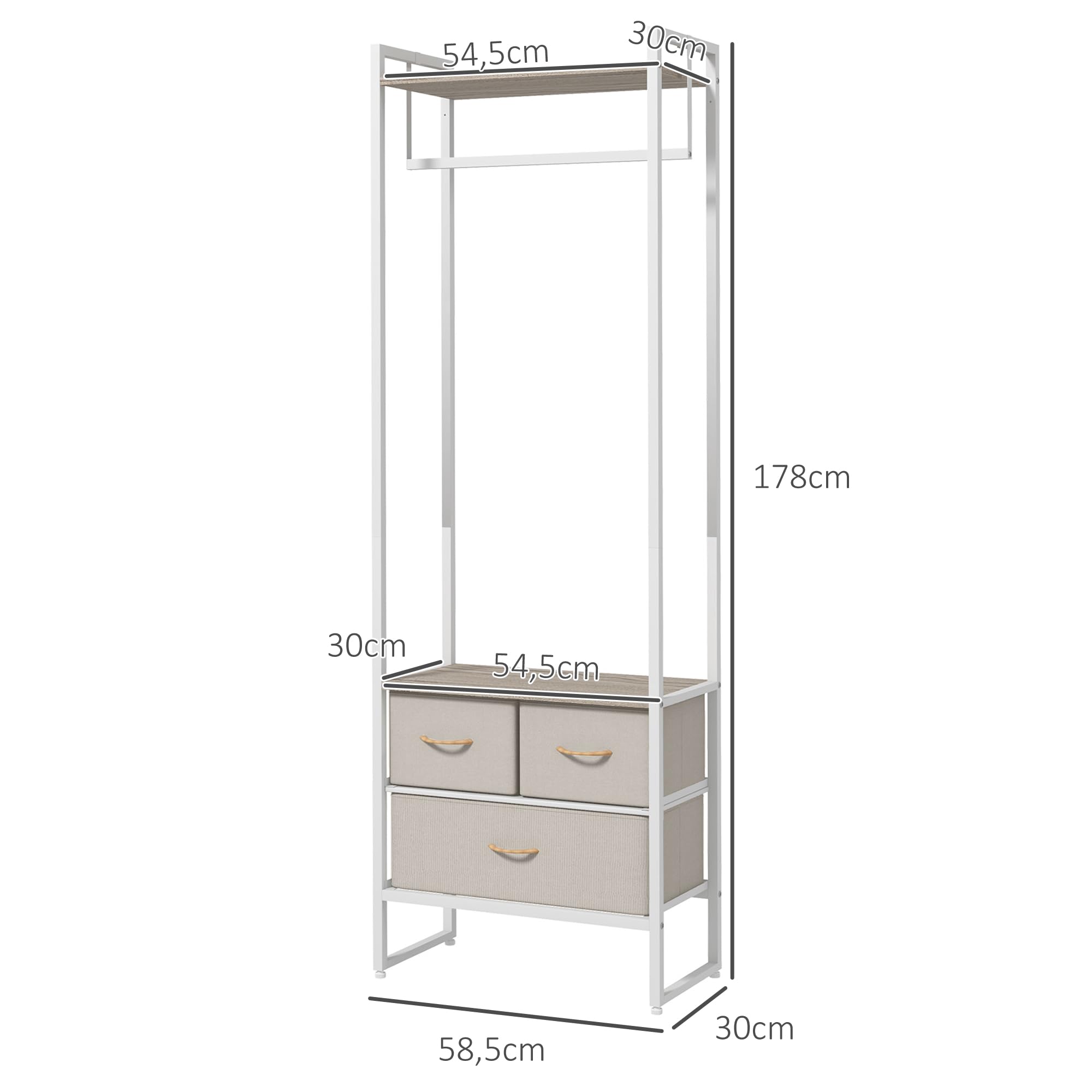 HOMCOM Perchero para Ropa Perchero Recibidor con 3 Cajones de Tela Barra para Colgar y Estante de Almacenamiento para Pasillo Dormitorio Sala de Estar 58,5x30x178 cm Natural