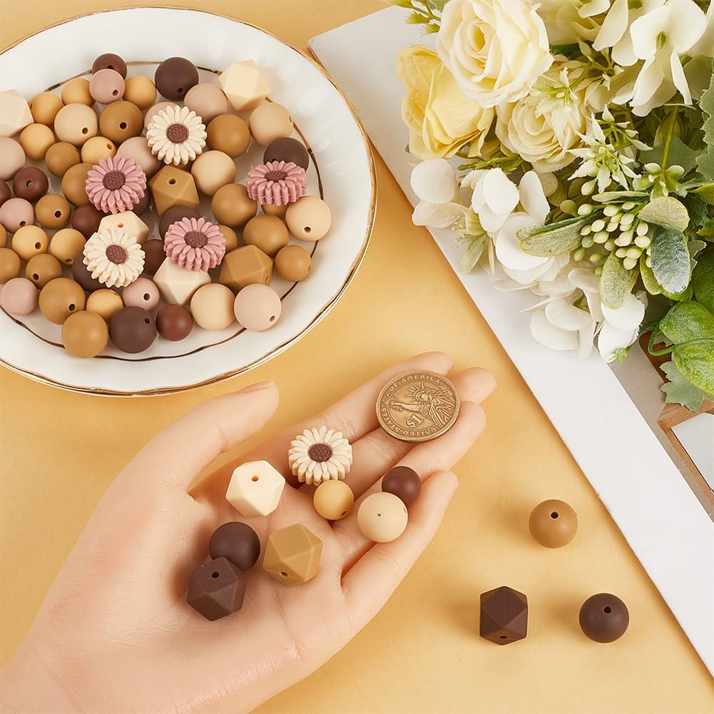 SUNNYCLUE 100Pcs 14 Styles Daisy Silicone Bead Mixed Silicone Focal Beads Bulk Opaque Colorful Round Hexagon Flower Matte Loose Spacer Bead for Keychain Pen Jewelry Bracelet Necklace DIY Decoration - Image 3