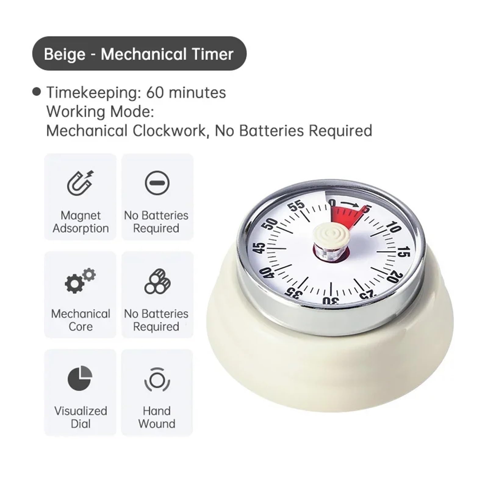 Herramienta de gestión del Tiempo, Temporizador de Cocina mecánico c/recordatorio Tiempo Redondo(Beige)