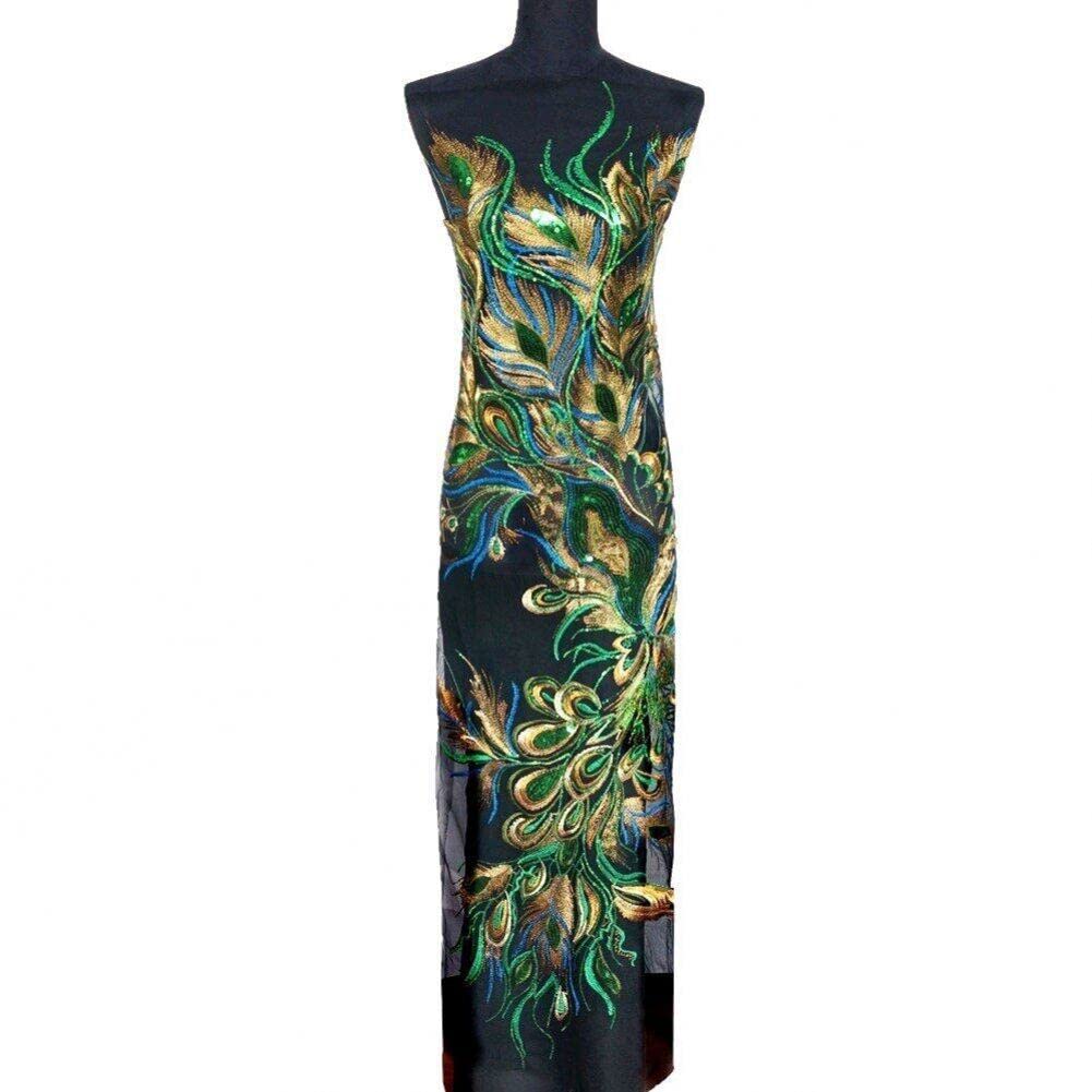 Wudaizhi Green 130Cm Sequin Peacock & Phoenix Feather Appliques, Gown Sew-On Patch, Embroidered Lace Fabric Mesh Decor