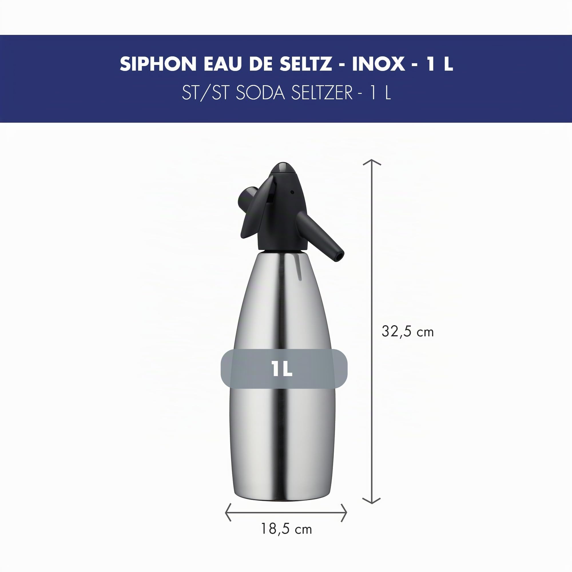 Louis Tellier - N4075X - Siphon Eau de Seltz Cuve Inox 34 x 9 x 33 cm 1 L | Eau pétillante et sodas maison, cocktails et mixologie ; cuve inox résistant à la corrosion ; capacité 1L, usage quotidien