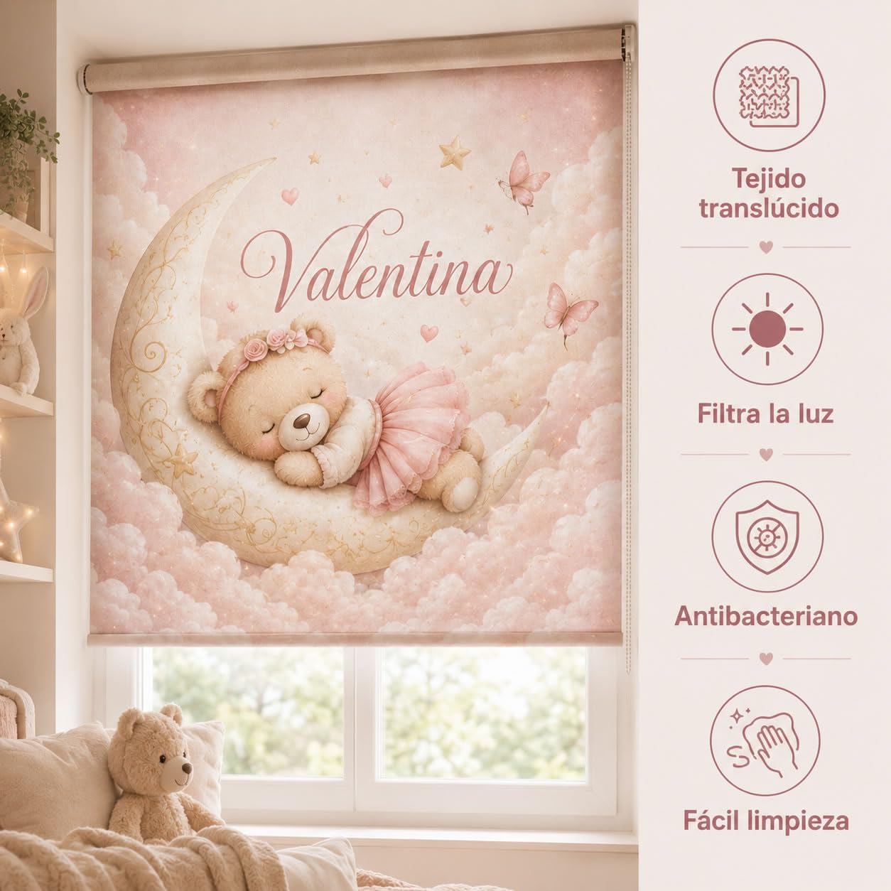 Estor Enrollable Infantil Niña a Medida – Osita Luna – Tejido Translucido Calidad - Decoración Habitación Infantil – Hecho en España