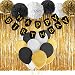 Paxcoo Black and Gold Happy Birthday Banner with Tissue Pom Poms Fringe Curtain and Balloons for Happy New Year New Year's Eve Party Decorations