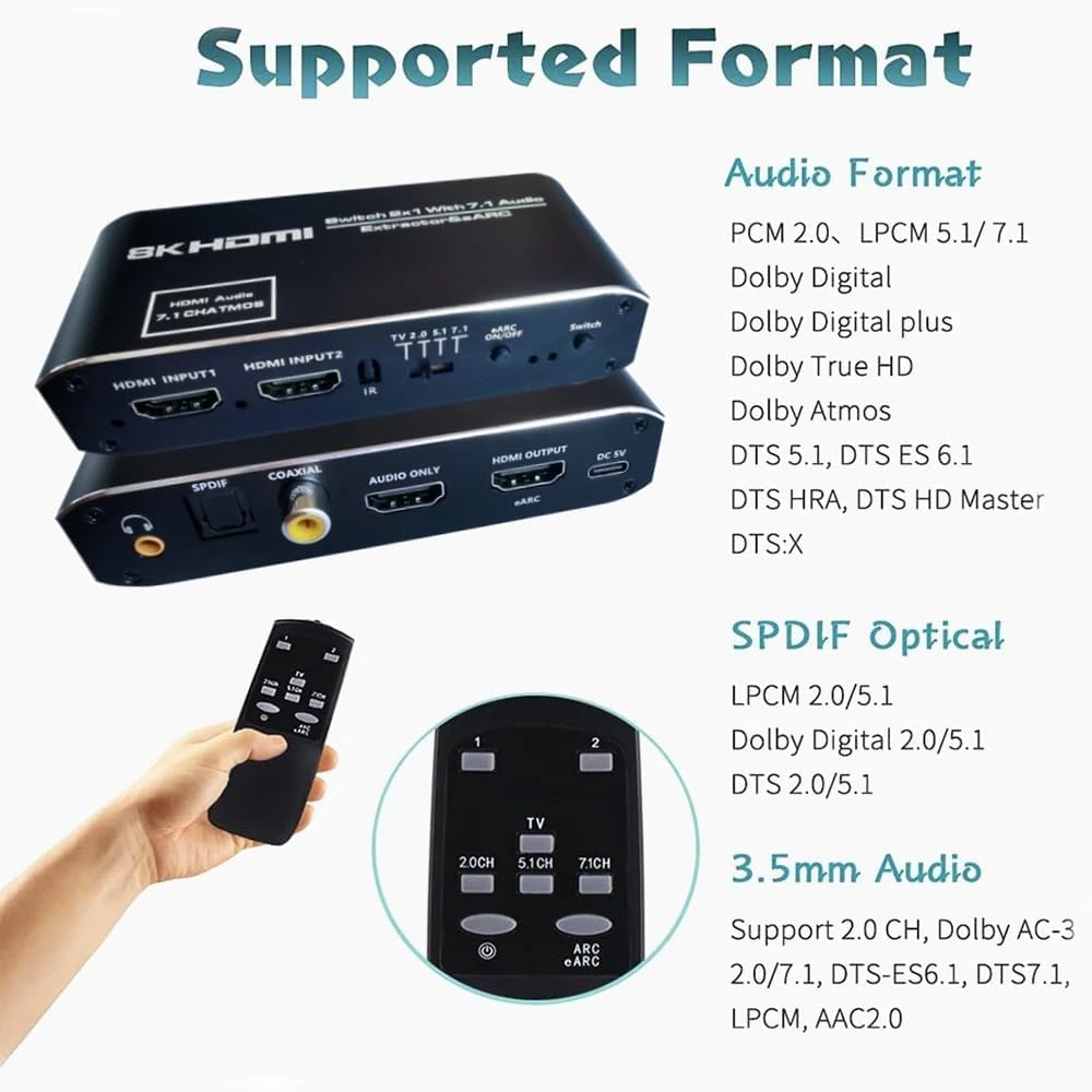 atdaraz 8K 2x1 HDMI Switch eARC Audio Extractor with ARC Optical