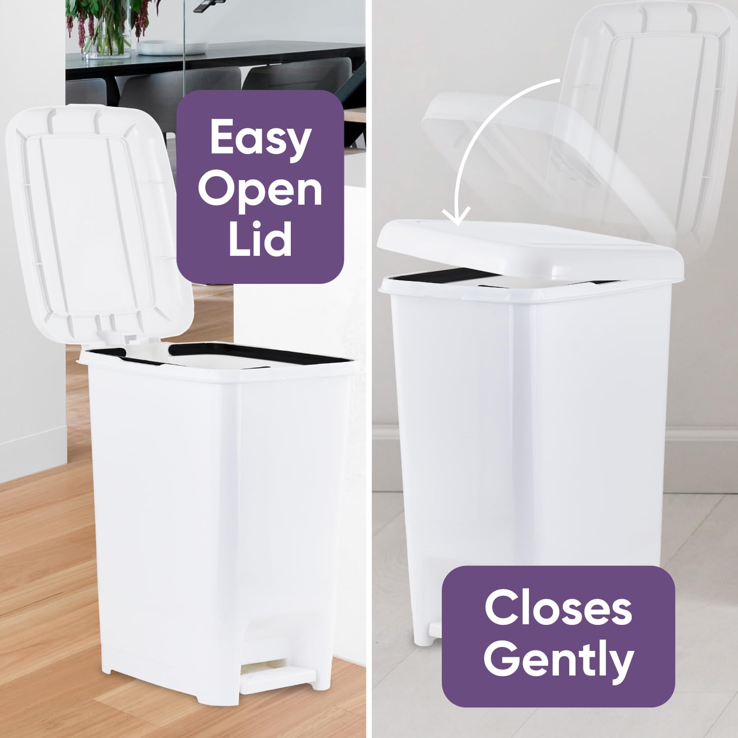 Superio Slim Trash Can with Foot Pedal – 16 Gallon Step-On Trash Can, Tall Plastic Garbage Can, Extra Large Trash Can for Bathroom, Kitchen, Office, Patio, or Backyard – White Smoke, 2 Pack