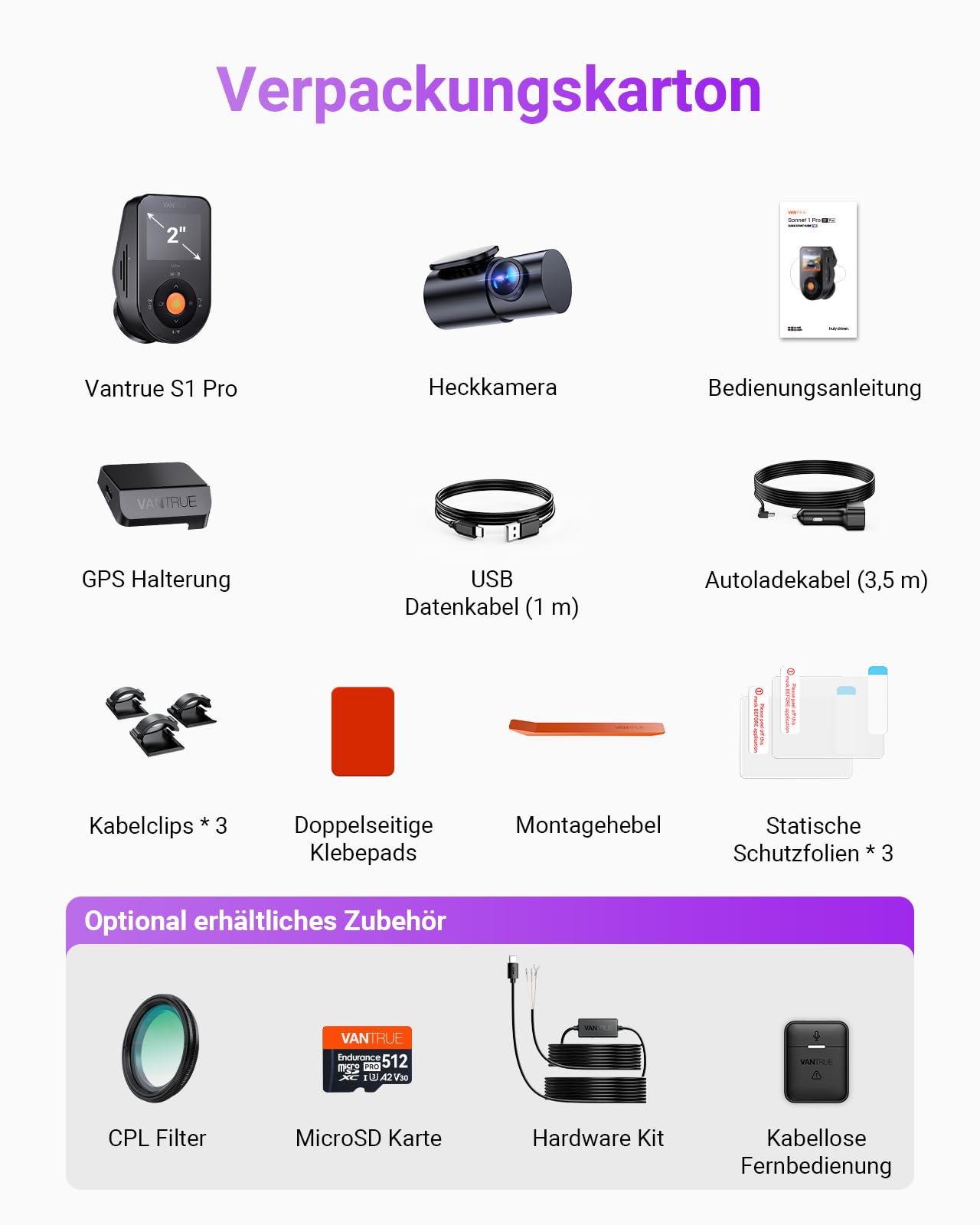 VANTRUE S1 Pro Dashcam 2,7K+1080P Dual 60fps Vorne und Hinten, 5GHz WLAN GPS Auto Kamera mit STARVIS 2 Nachtsicht, 24h Parküberwachung Nachtsicht, Superkondensator G-Sensor Loop-Aufnahme APP, 512GB