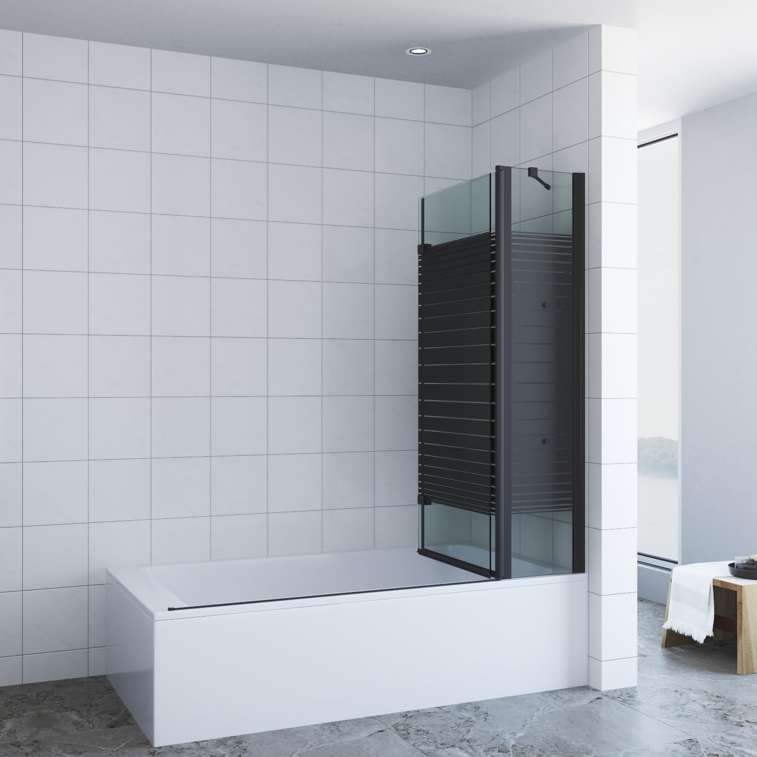 Duschabtrennung Badewanne schwarz 150 x 140 cm Badewannenaufsatz 3 Teilig faltbar Duschtrennwand Faltwand Badewannenfaltwand Duschwand Glas Dusche Festteil mit Eckregale 5 mm Sicherheitsglas ESG NANO