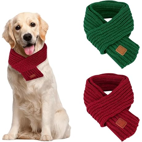 SlowTon Dog Knitted Scarf, 2 Pack Xmas Dog Warm Bandanas