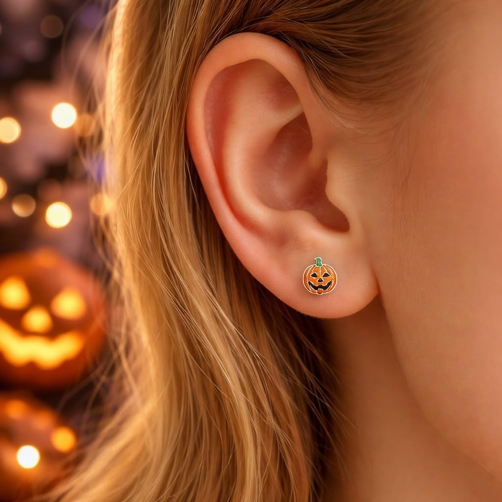 925 Sterling Silver Halloween Jack O Lantern Orange Pumpkin Stud Earrings 4432