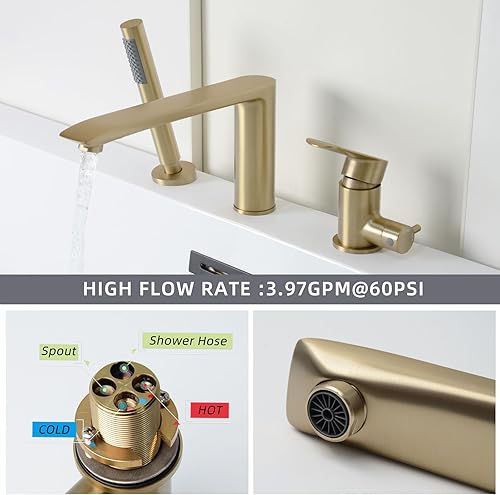 Vista 3 de PHASAT Bathtub Faucet Brushed Gold,Tub Filler Faucet Deck Mounted,Solid Brass Tub Faucet 3 Holes Single Handle With Handheld Shower,PU5J09