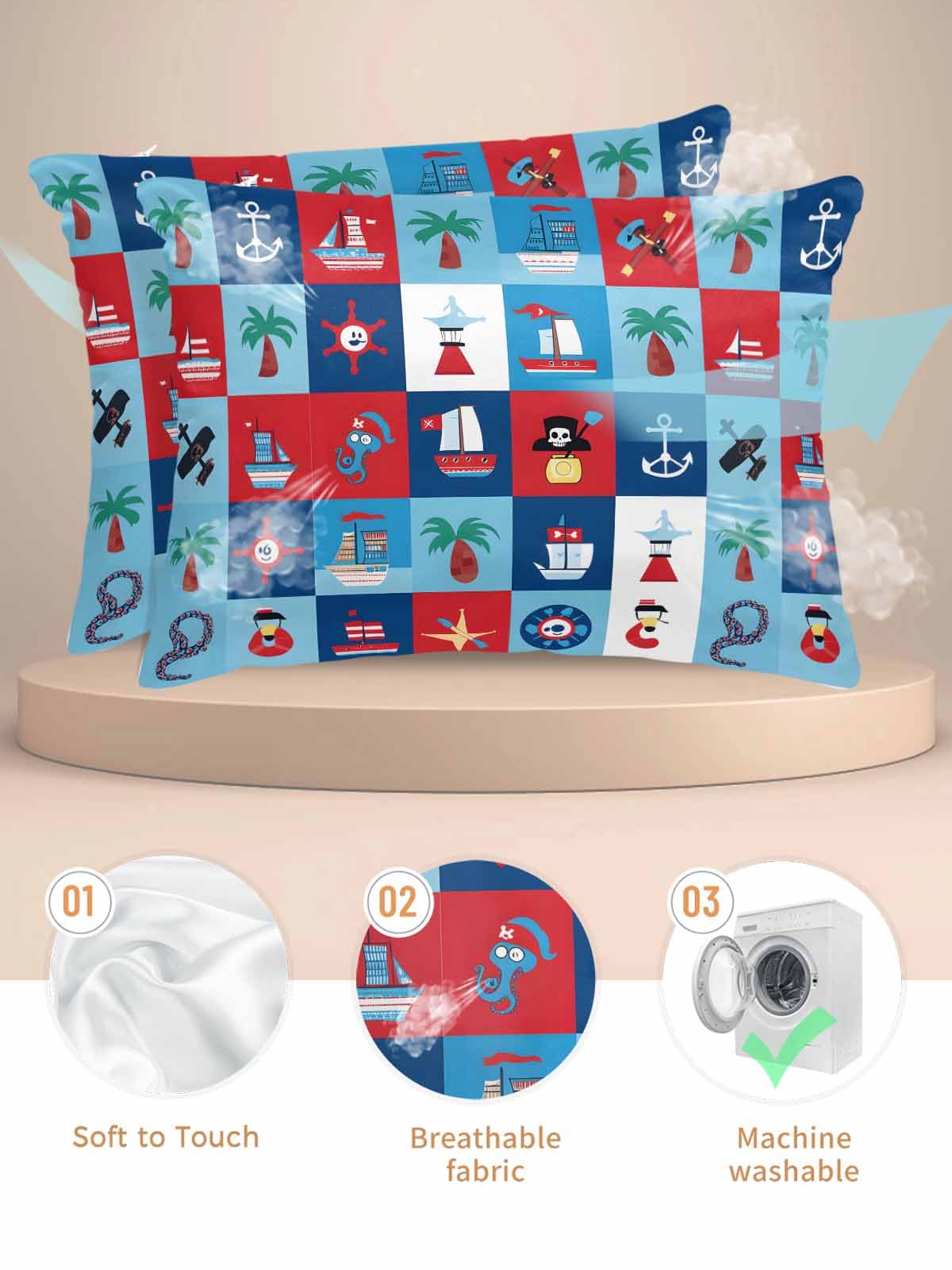 T&H XHome Satin Silk Pillowcase for Hair and Skin, Standard Cartoon Style Anchor Ocean Super Soft Pillow Cases Silky Bed Pillowcovers Wrinkle Free with Hidden Zipper 20