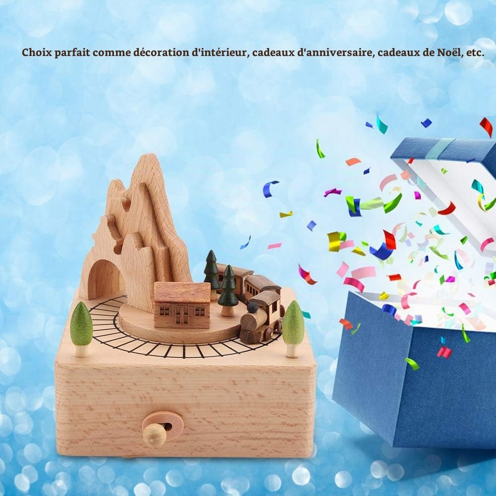 Fdit Boîte à Musique en Bois fabriquée à la Main avec Train en Mouvement, Beau Bois d'artisanat Musical Anniversaire Cadeaux de noël décoration de la Maison