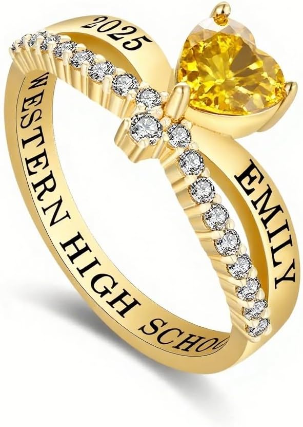 Class Ring for Women High School College University Class Rings Customizable Sterling Silver/10K/14K/18K Gold Graduation Ring Personalized Birthstone Rings Graduation Gifts Jewelry for Her Size 5-15