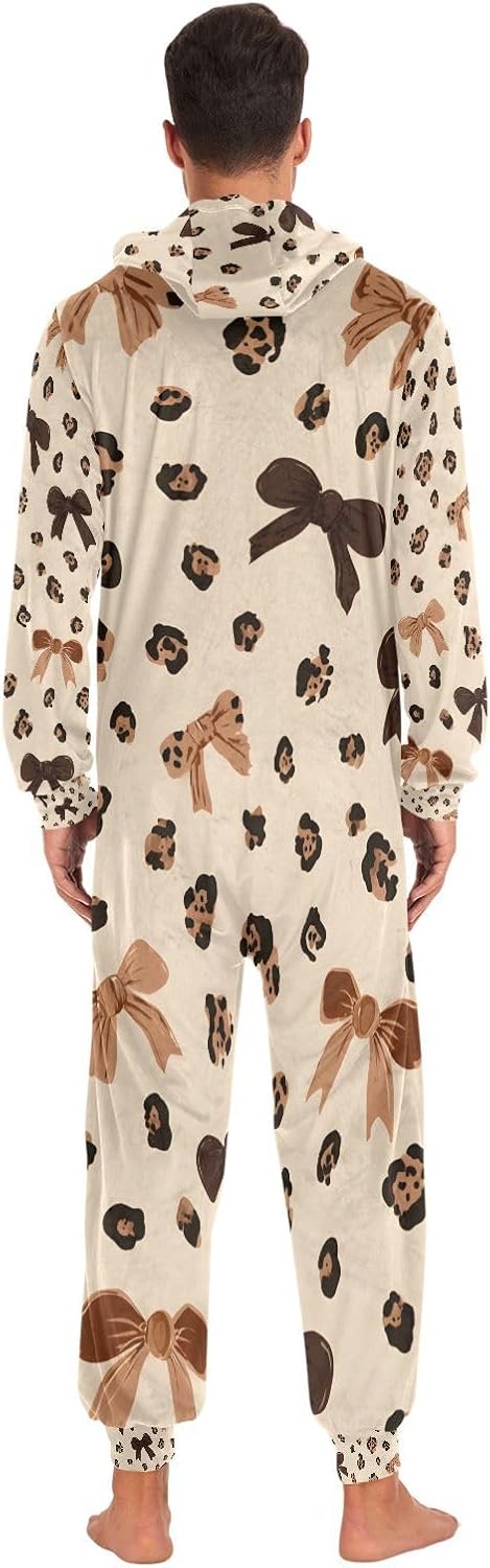 Leopard Print Cheetah Bow Pattern Unisex Adult Onesie Pajamas Comfy One Piece Costume Jumpsuits Novelty Sleepwear Homewear for Men Women