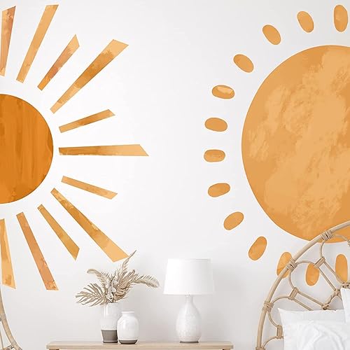 2 calcomanías de pared grandes bohemias de medio sol para despegar y pegar, calcomanías de pared de vinilo de acuarela boho para el sol, decoración