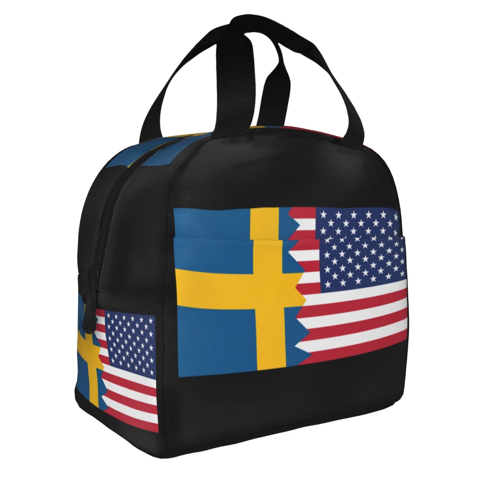 Half Swedish American Flag Reusable Portable Foil Thickened Insulated Bento Bag For Both Men And Women