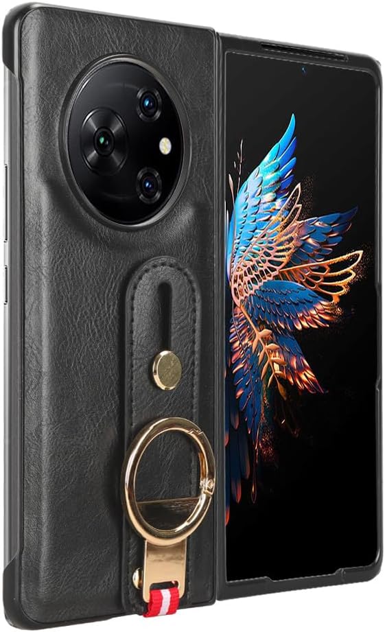 Compatible with Tecno Phantom V Fold Case Cover,PU retro cell phone case with wrist strap Compatible with Tecno Phantom V Fold 5G Case Black