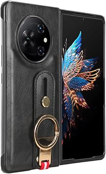 Compatible with Tecno Phantom V Fold Case Cover,PU retro cell phone case with wrist strap Compatible with Tecno Phantom V Fold 5G Case Black