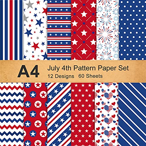 Whaline 12 Designs 4th of July Pattern Paper Set A4 Size Patriotic Stars Stripes Fireworks Craft Paper Red Blue White Double-Sided Origami Paper for Independence Day Card Making Scrapbook, 60 Sheet