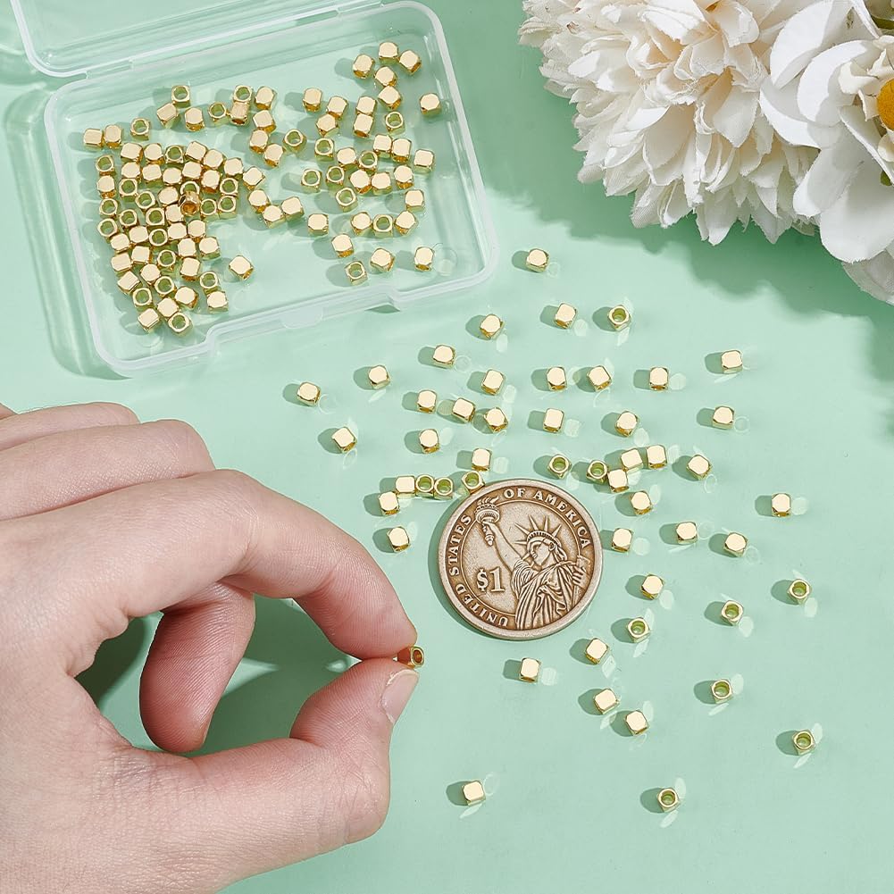 UNICRAFTALE About 150Pcs Real 18K Gold Plated Square Smooth Spacer Beads Stainless Steel Cube Beads Metal Loose Bead Big Hole Bracelet Bead for Bracelet Necklace Earring Jewelry Making Hole 2.2mm - Image 4
