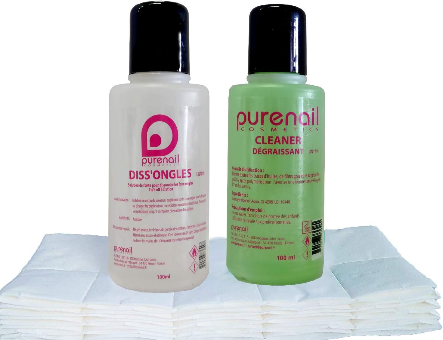 Solvent Mini Pocket Kit With 1 Degreasing Cleaner 100 ml + 100 ml + 100 diss' Nail Cellulose Squares For UV Gel False Nails