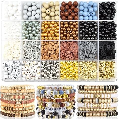 2220Pcs White Black Clay Beads Bracelet Making kit for Bracelets Jewelry Making, 6mm Pearl Beads Acrylic 8mm Round Beads Heishi Beads Letter Spacer Beads for DIY Craft Bracelets Necklace Charm Cover