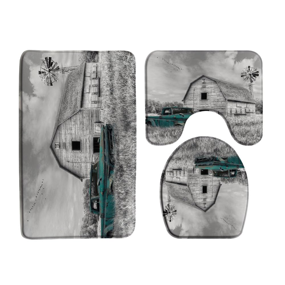 Vintage Farm Truck 3 Pcs Bath Rugs Set,Rustic Wooden Barn American Old Antique Car Farmhouse Windmill Western Country Bathroom Kitchen Rug with 16
